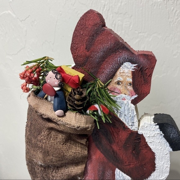Vintage 90’s Standing Wood Old World Country Santa Toy Bag Hand Painted … - Picture 3 of 8